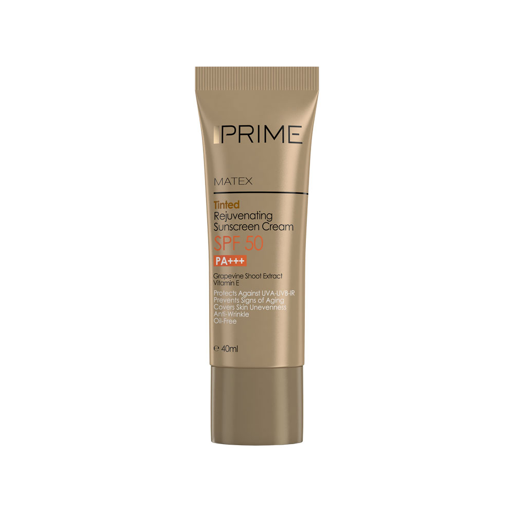 Prime Matex SPF50 Tinted Rejuvenating Sunscreen Cream تصویر کرم ضد آفتاب جوانساز رنگی SPF50 پرایم مناسب انواع پوست 40 میل